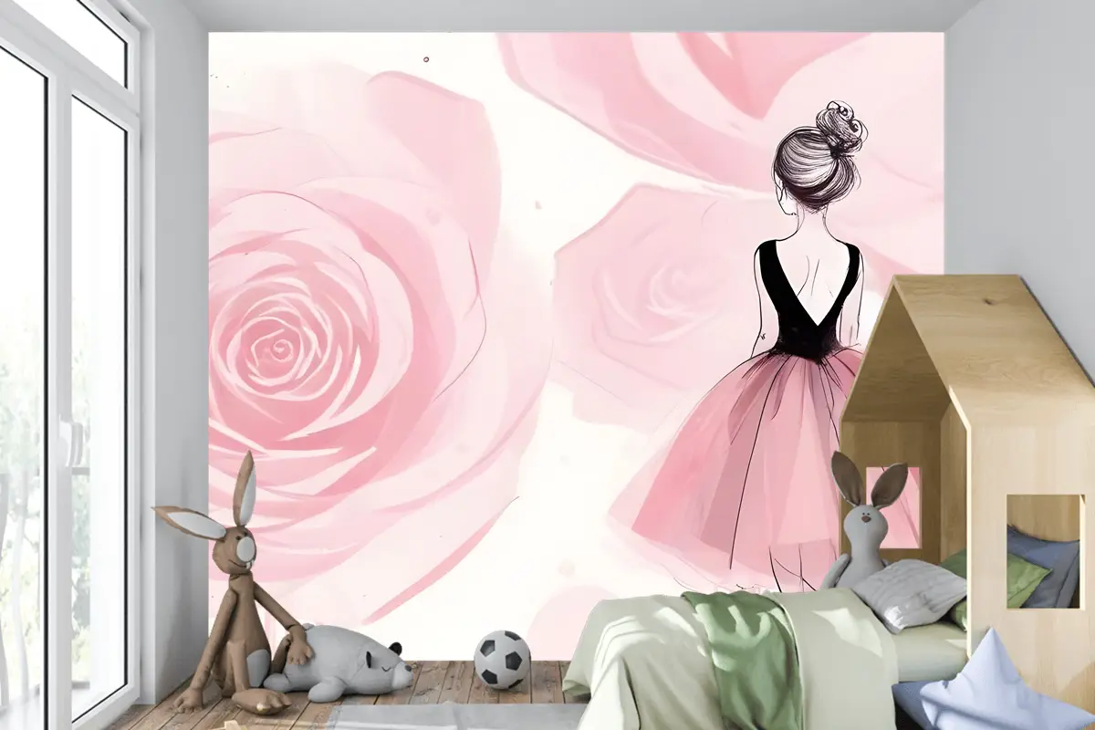 Balerin Kız Ve Pembe Güller Çocuk Odası Duvar Kağıdı