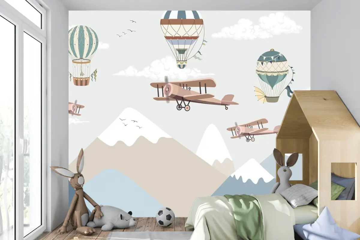 Balonlar Ve Uçaklar Ile Dağlar Çocuk Odası Duvar Kağıdı