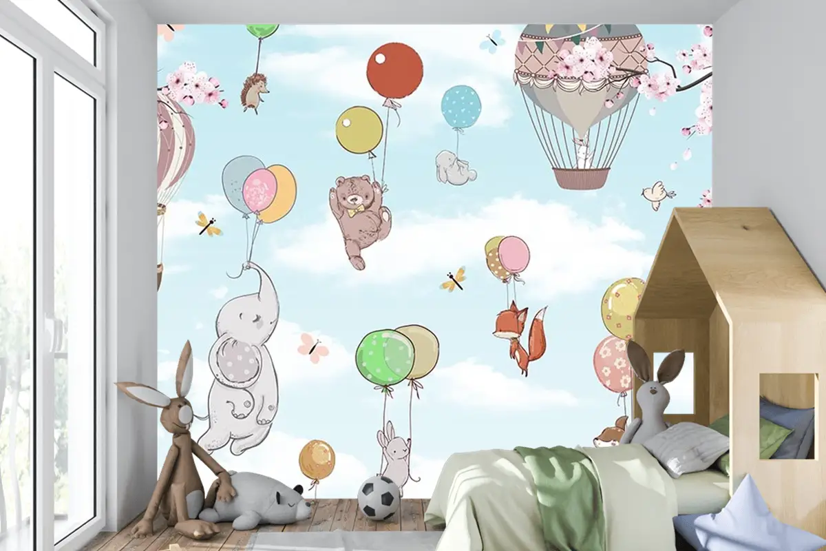 Balonlara Asılı Sevimli Hayvanlar Çocuk Odası Duvar Kağıdı