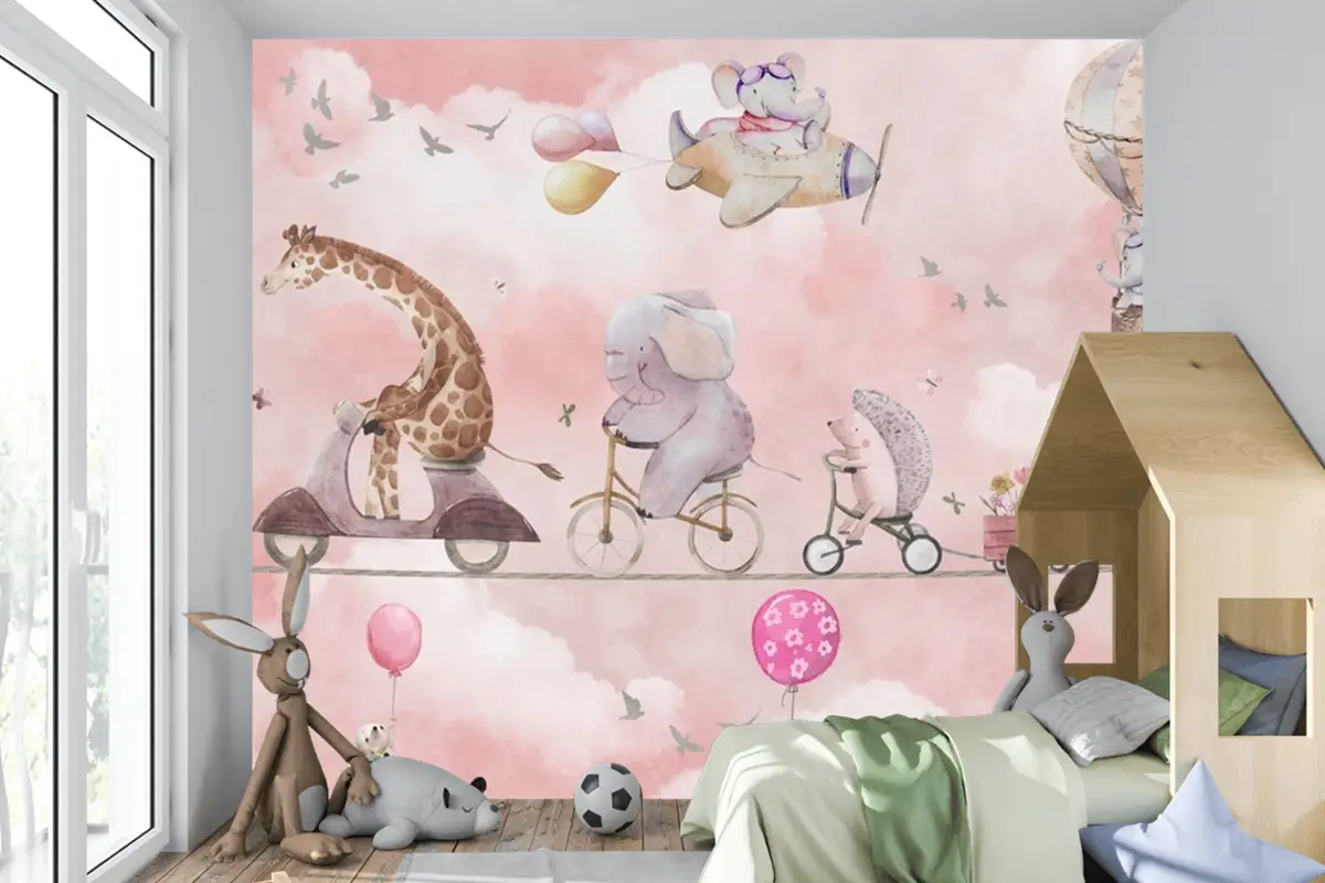 Balonlu Bisikletli Hayvanlar Suluboya Pembe Çocuk Odası Duvar Kağıdı