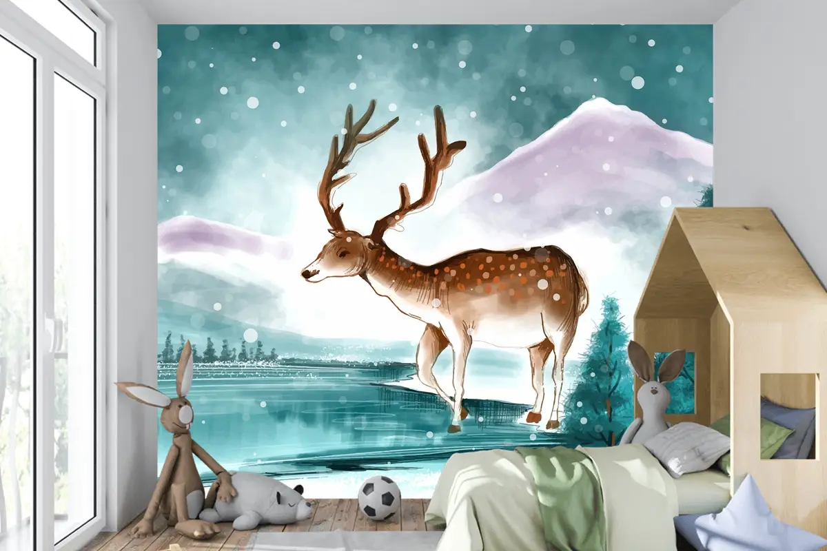 Kışın Güzel Noel Manzarası Noel Geyiği Kartı Çocuk Odası Duvar Kağıdıyla
