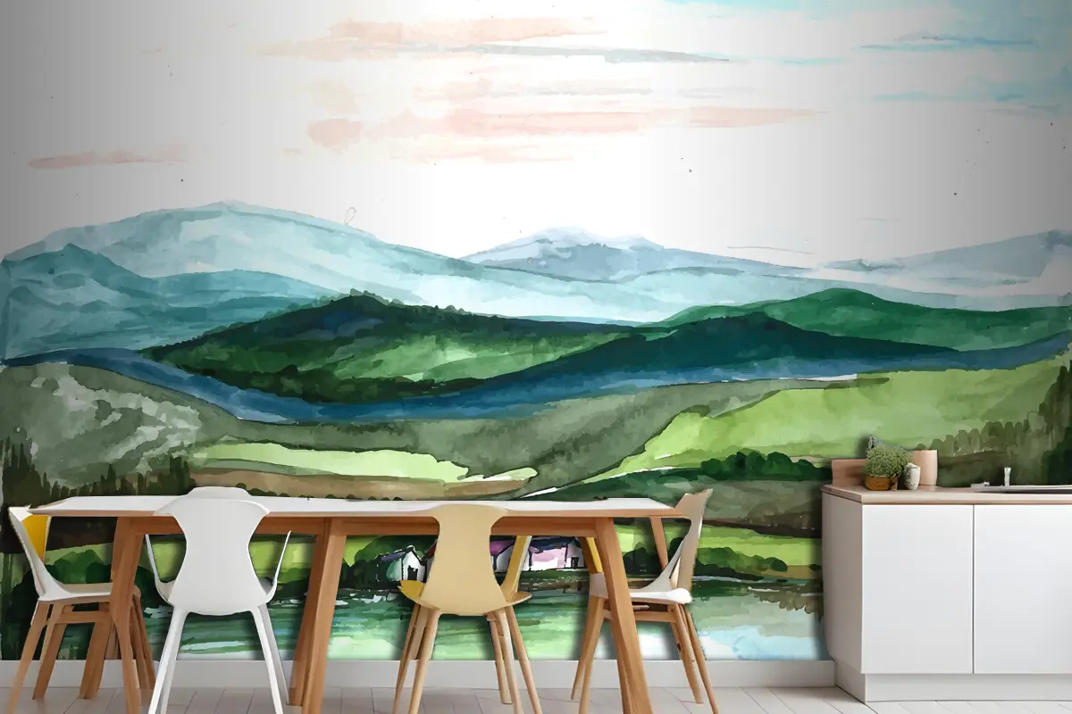 Güzel Manzara Dağ El Çizim Mutfak Duvar Kağıdı