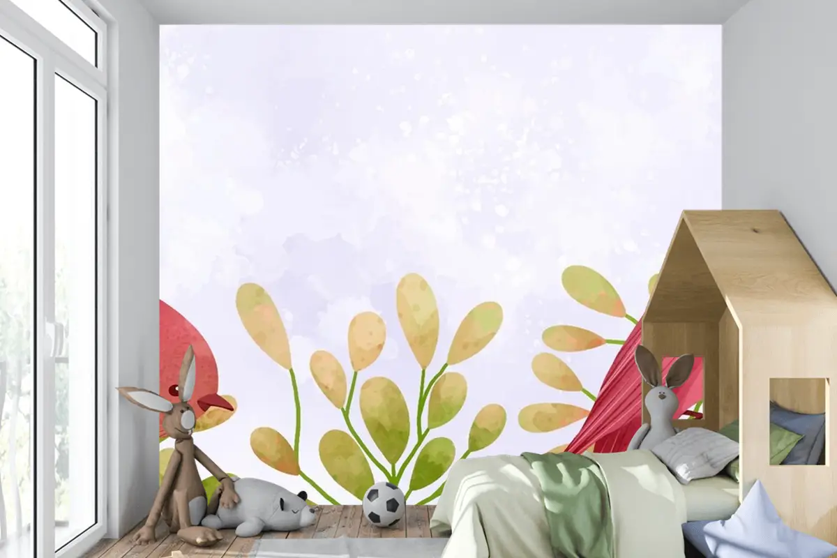 Dallarda Oturan Kuşların Güzel Suluboya Çocuk Odası Duvar Kağıdı