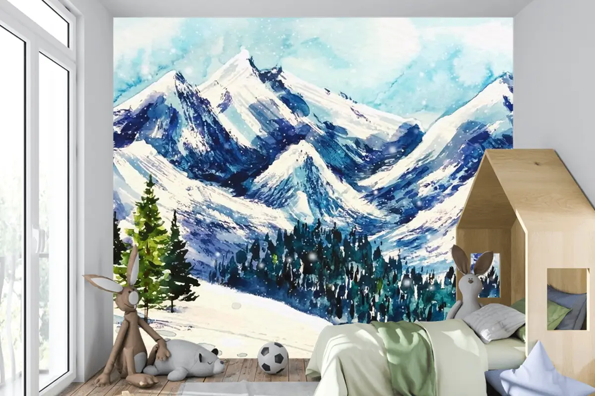 Suluboya Arka Planda Güzel Kış Manzarası Çocuk Odası Duvar Kağıdı