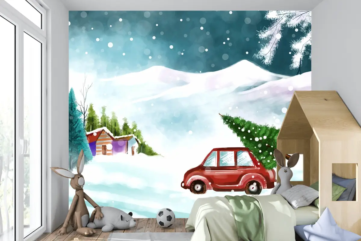 Karlı Noel Ağacında Arabayla Güzel Kış Manzarası Çocuk Odası Duvar Kağıdı