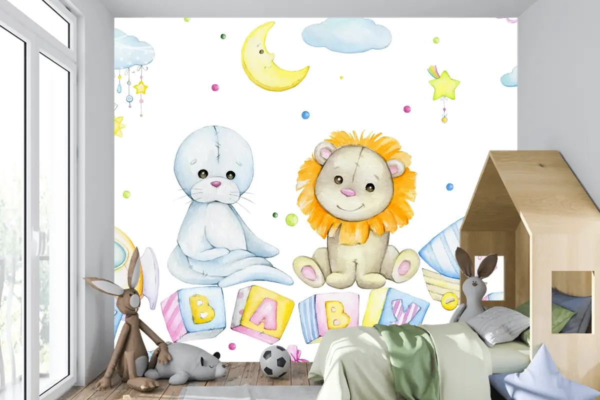 Arı Aslan Mühür Küpleri Harflerle Ay Yıldız Bulutlar Çocuk Odası Duvar Kağıdı
