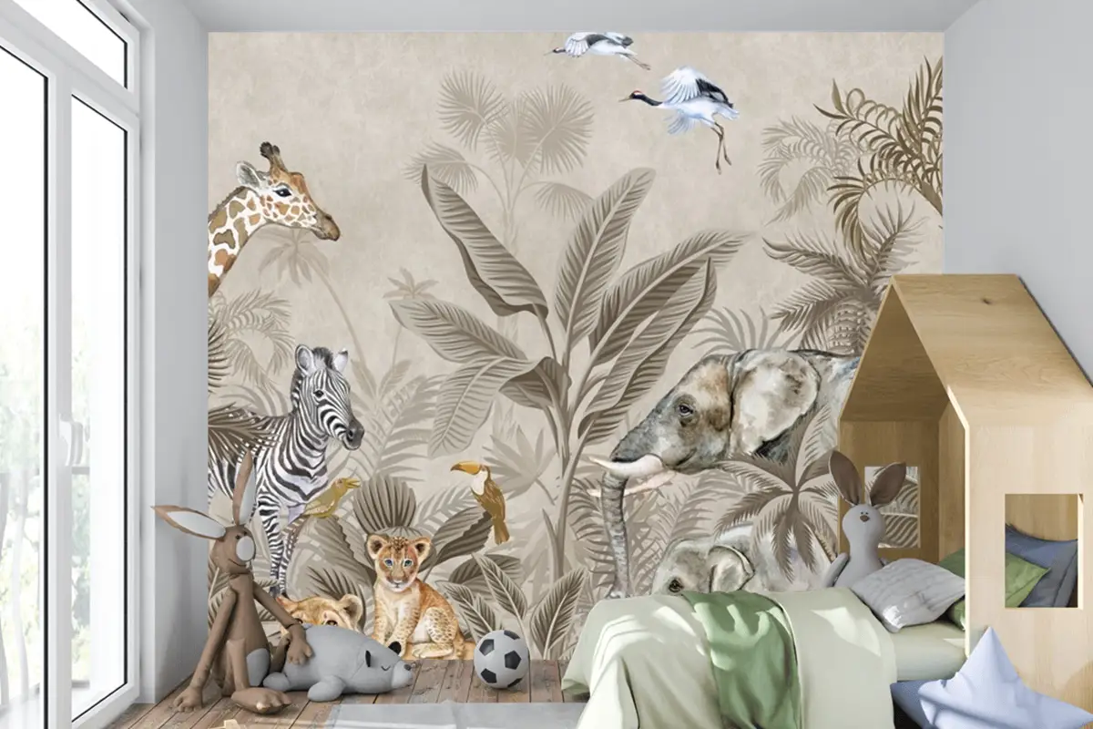Bej Suluboya Safari Hayvanları Çocuk Odası Duvar Kağıdı