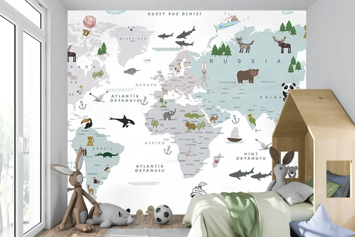 Beyaz Zemin Çocuk Odası Dünya Haritası