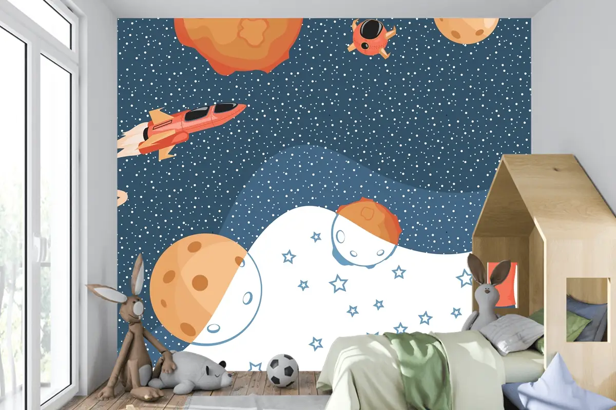 Cosmos Gezegenler Uzay Gemileri Ve Yıldızlar Çizim Çocuk Odası Duvar Kağıdı