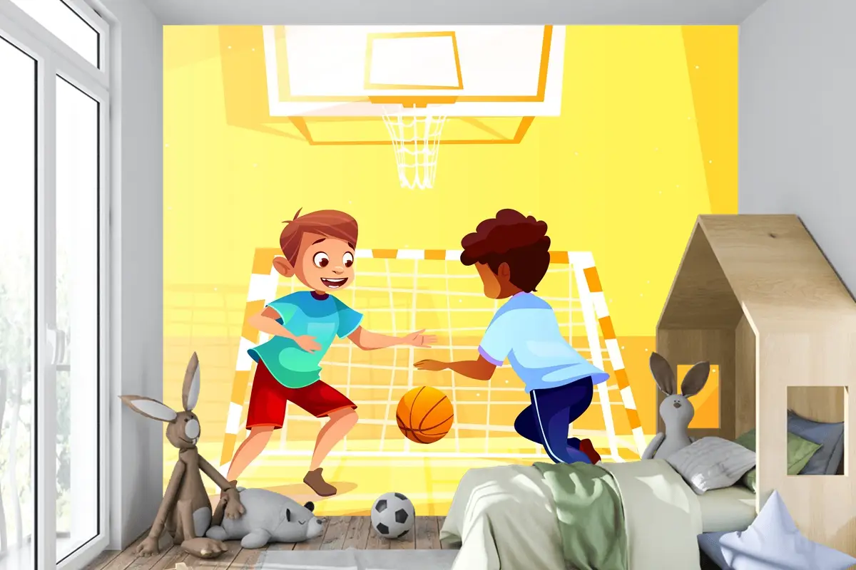 Okulda Topla Basketbol Oynayan Çocuk Odası Duvar Kağıdı