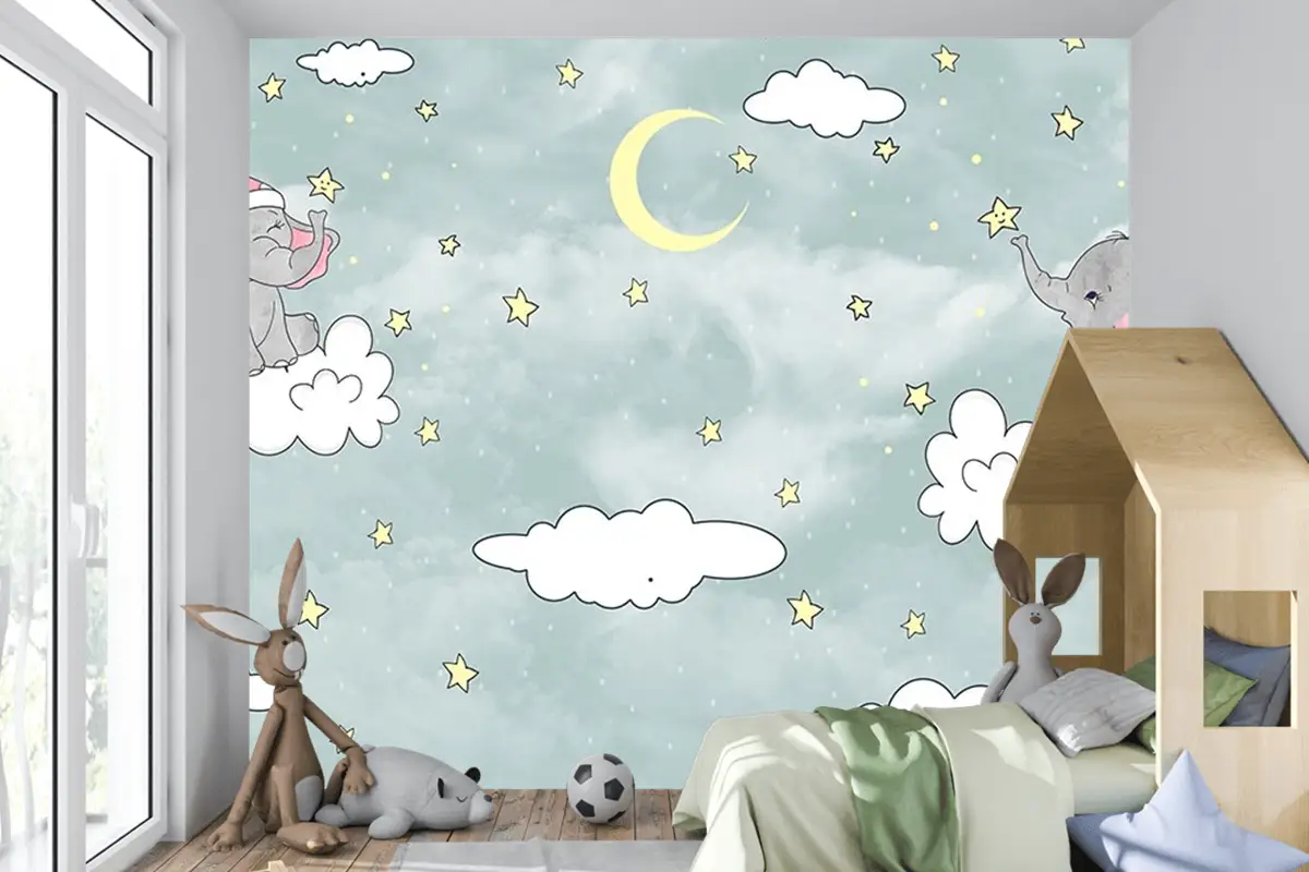 Bulut Üzerinde Sevimli Filler Duvar Kağıdı