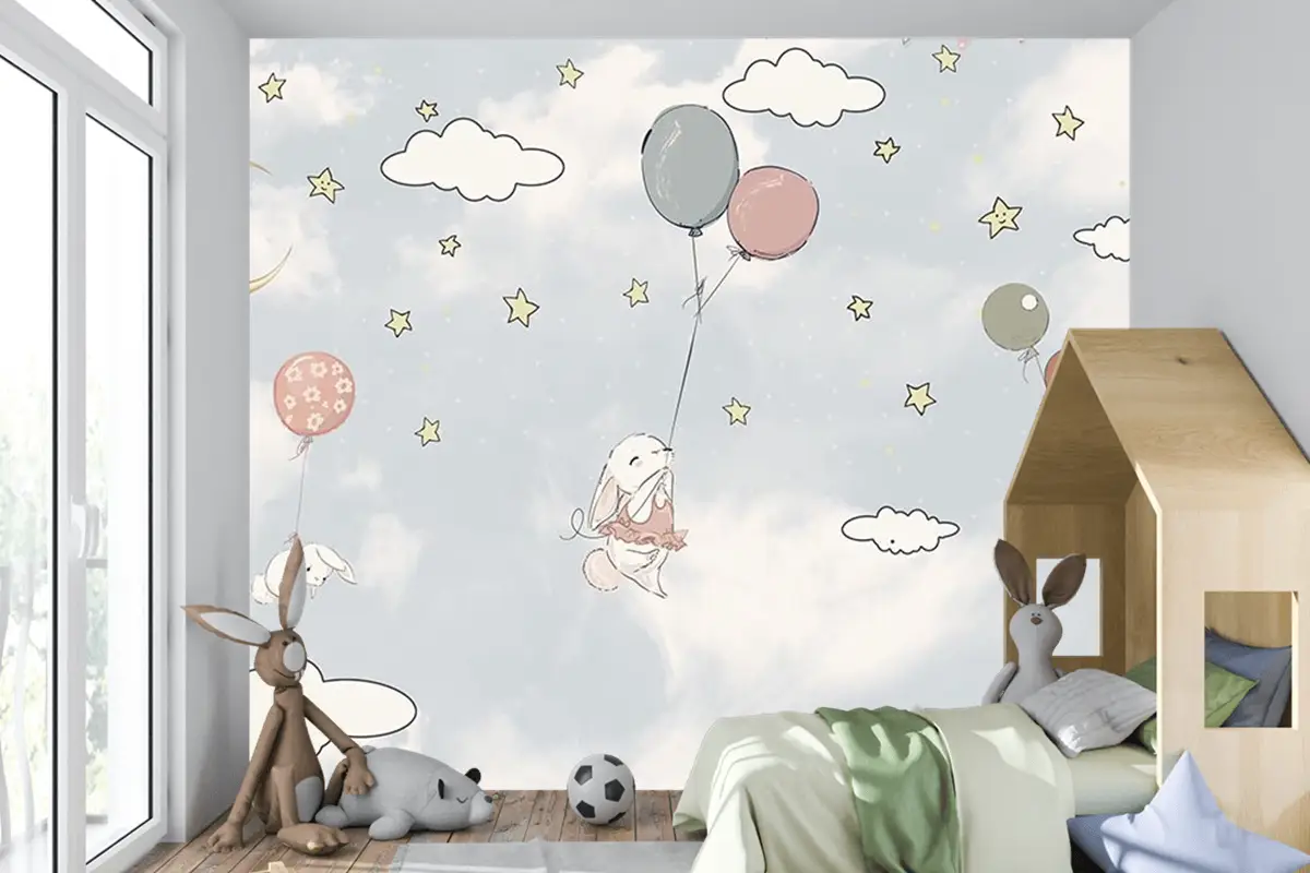 Bulutlar Arasında Balonlar Ve Tavşanlar Çocuk Odası Duvar Kağıdı