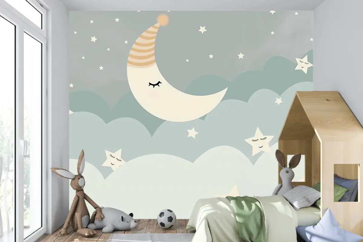 Bulutlar Ay Ve Yıldızlar Çocuk Odası Duvar Kağıdı