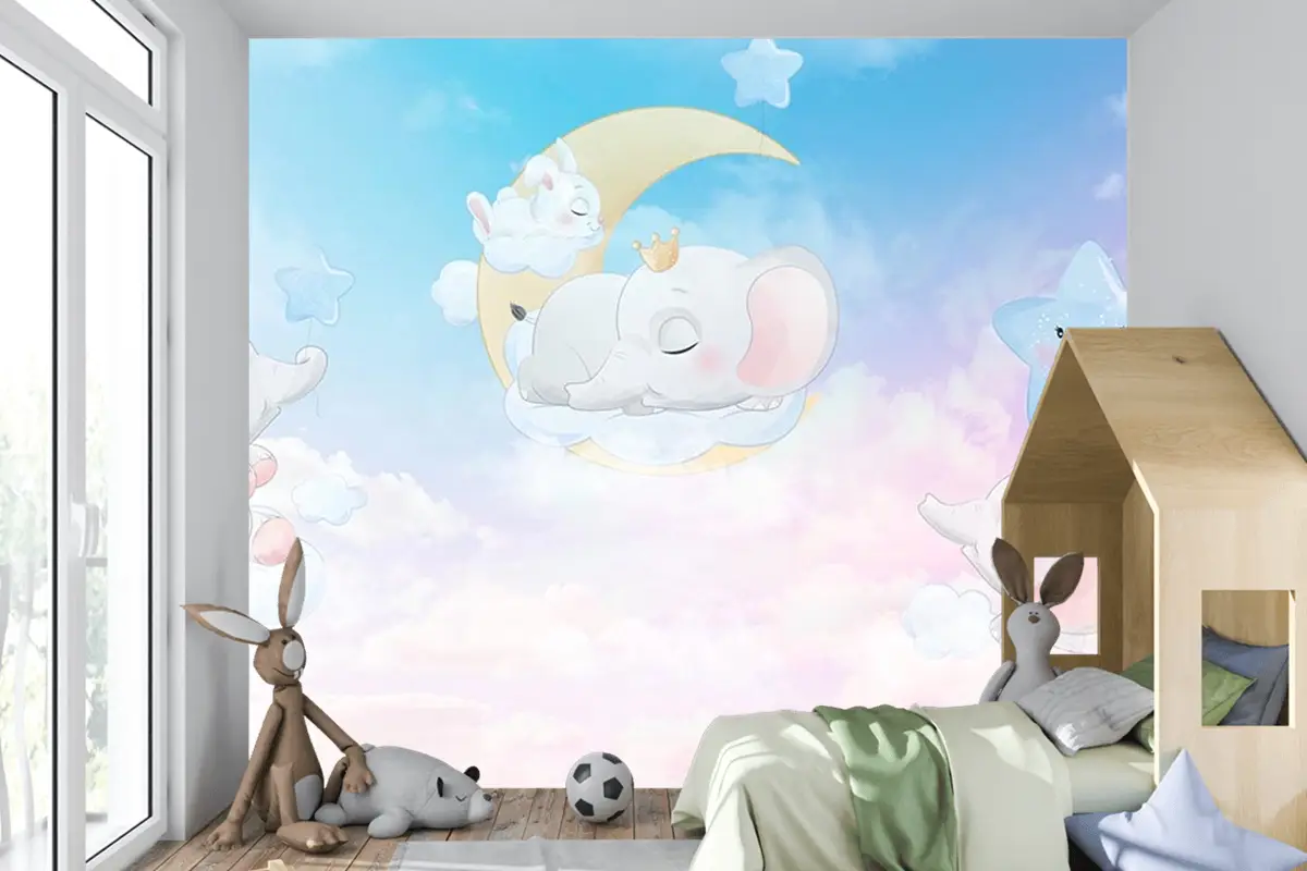 Bulutlar Üzerinde Mutlu Filler Çocuk Odası Duvar Kağıdı