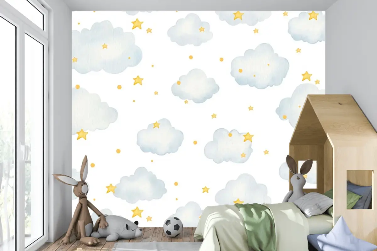 Bulutlu Ve Yıldızlı Çocuk Odası Duvar Kağıdı