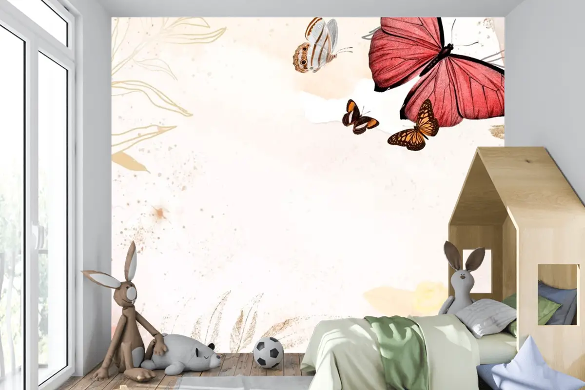 Kelebek Arka Plan Estetik Sınır Çiçekli Çocuk Odası Duvar Kağıdı