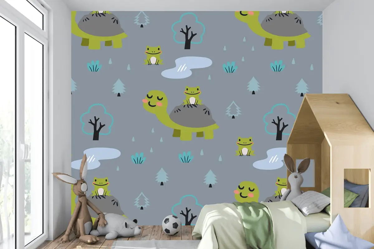 Sevimli Anne Kaplumbağa Ve Kurbağalar Ile Karikatür Hayvanlar Desen Çocuk Odası Duvar Kağıdı