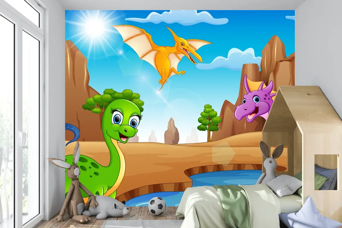Çölde Yaşayan Karikatür Mutlu Dinozorlar Çocuk Odası Duvar Kağıdı