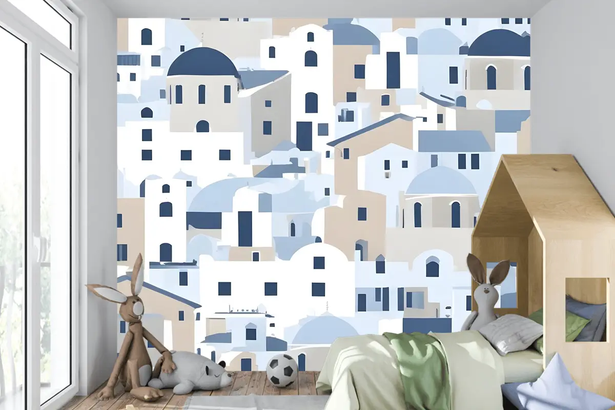Karikatür Eski Mavi Yunan Evi Çocuk Odası Duvar Kağıdı