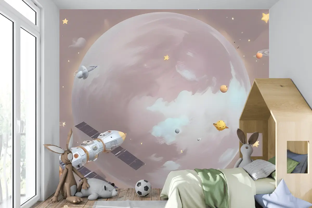 Karikatür Gezegenler Ve Yıldızlı Uzay Çocuk Odası Duvar Kağıdı