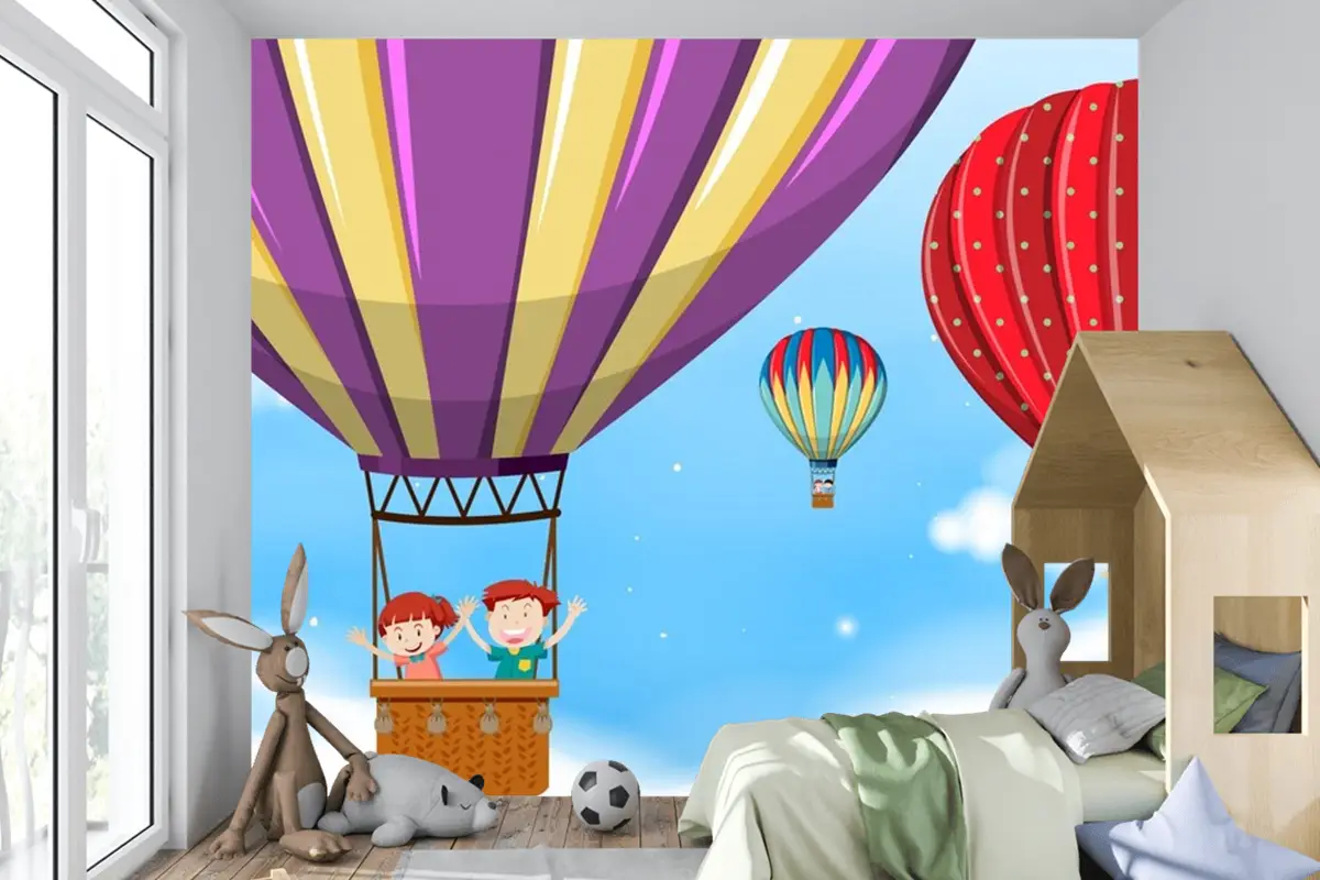 Sıcak Hava Balonuna Binen Çocuklar Çocuk Odası Duvar Kağıdı 