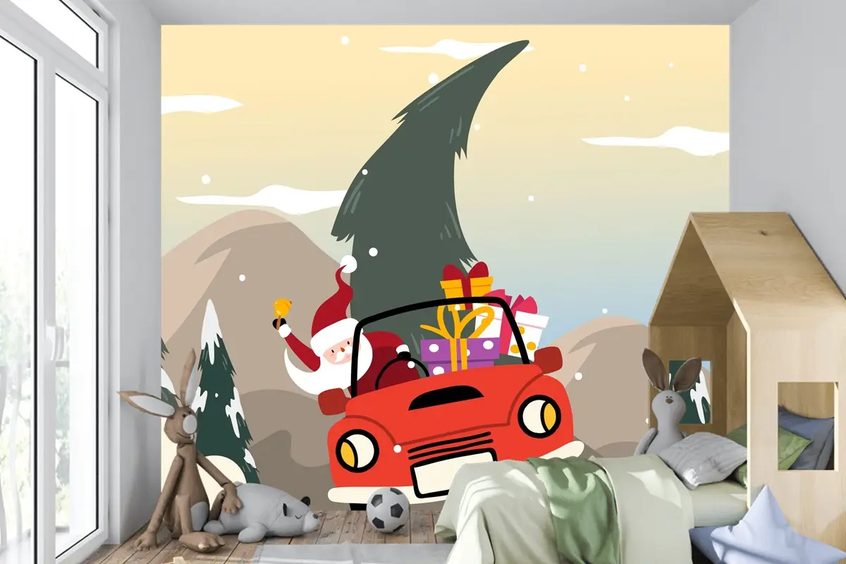 Düz Tasarım Çocuk Odası Duvar Kağıdı Duvarında Noel Arkaplanı