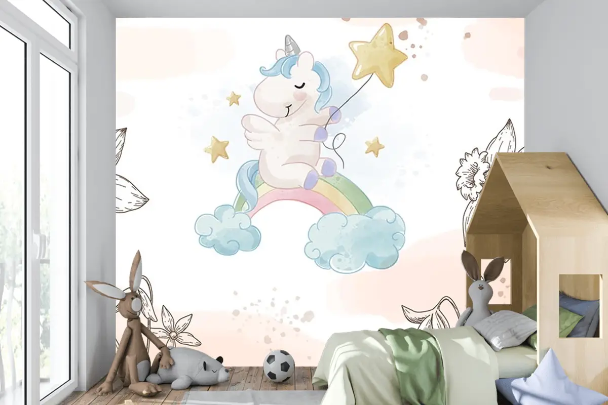 Çiçekler Arasında Unicorn Çocuk Odası Duvar Kağıdı