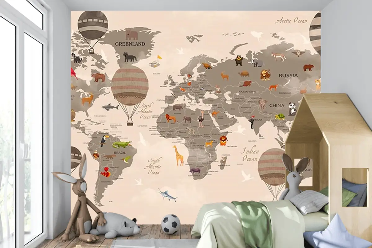 Çocuk Odaları Için Dünya Haritası Ve Balonlar Çocuk Odası Duvar Kağıdı