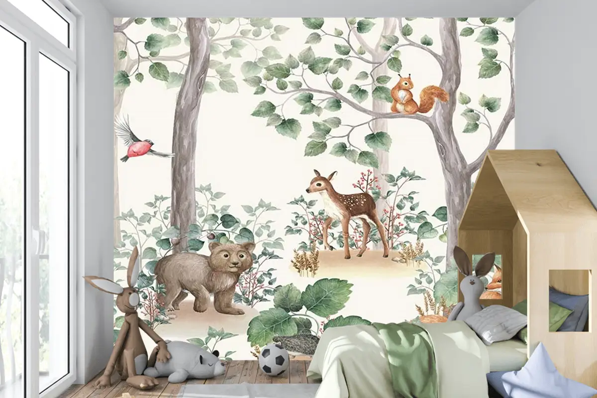 Çocuk Odaları Için Orman Ve Sevimli Hayvanlar Çocuk Odası Duvar Kağıdı
