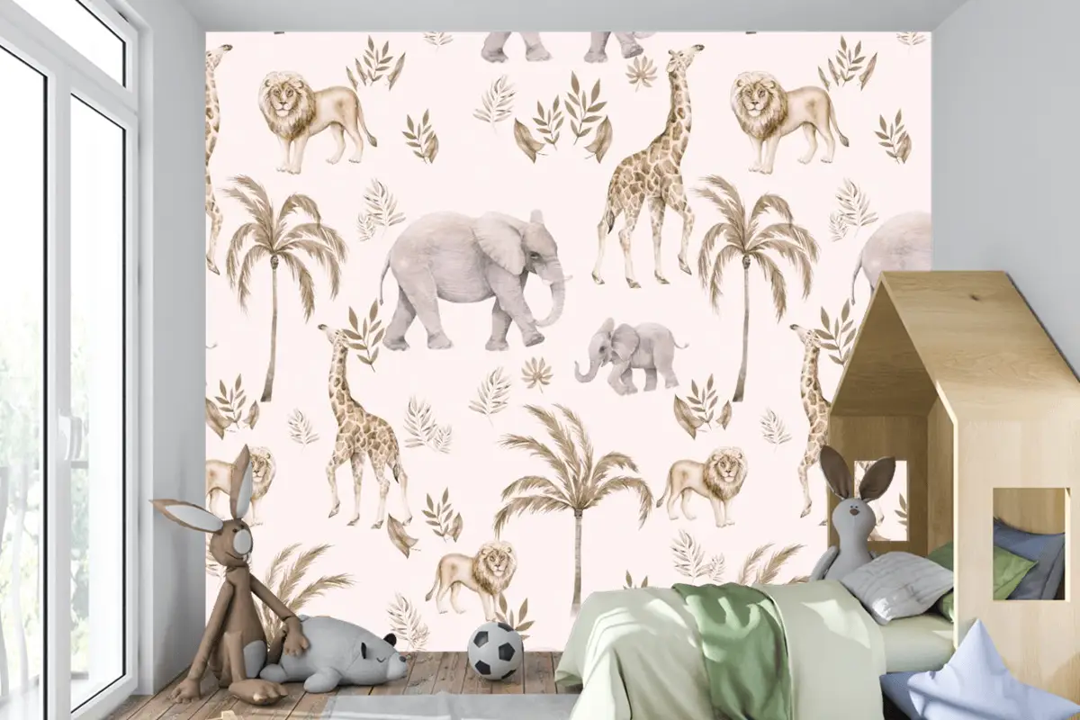 Çocuk Odası Bulutlu Çocuk Odası Duvar Kağıdı Palmiye Ağaçları Ve Safari Hayvanları