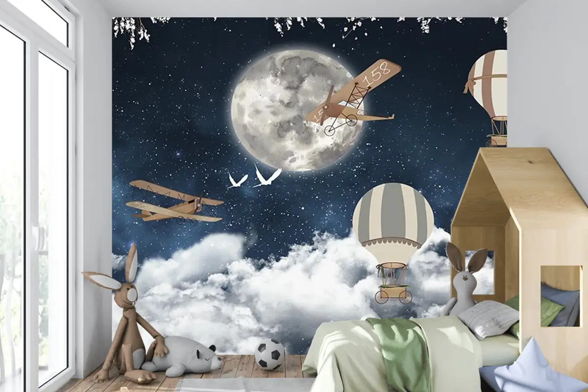 Çocuk Odası Duvar Kağıdı Ay Üzerinde Balonlar Ve Uçaklar