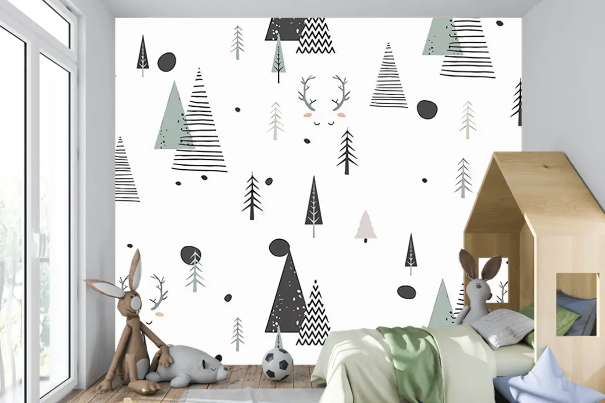 Çam Ağaçları Beyaz Arka Plan Çocuk Bebek Odası Duvar Kağıdı