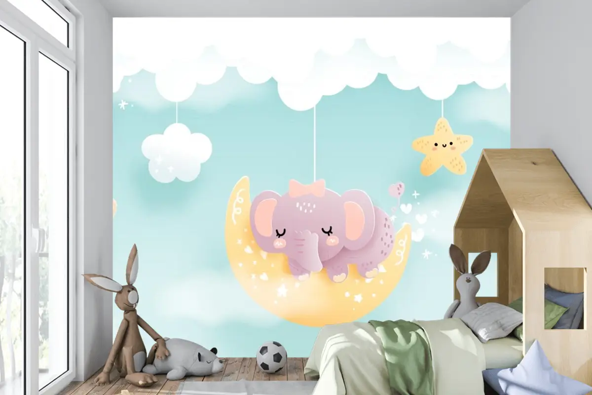Çocuk Odası Duvar Kağıdı Bulut Üzerinde Sevimli Hayvanlar