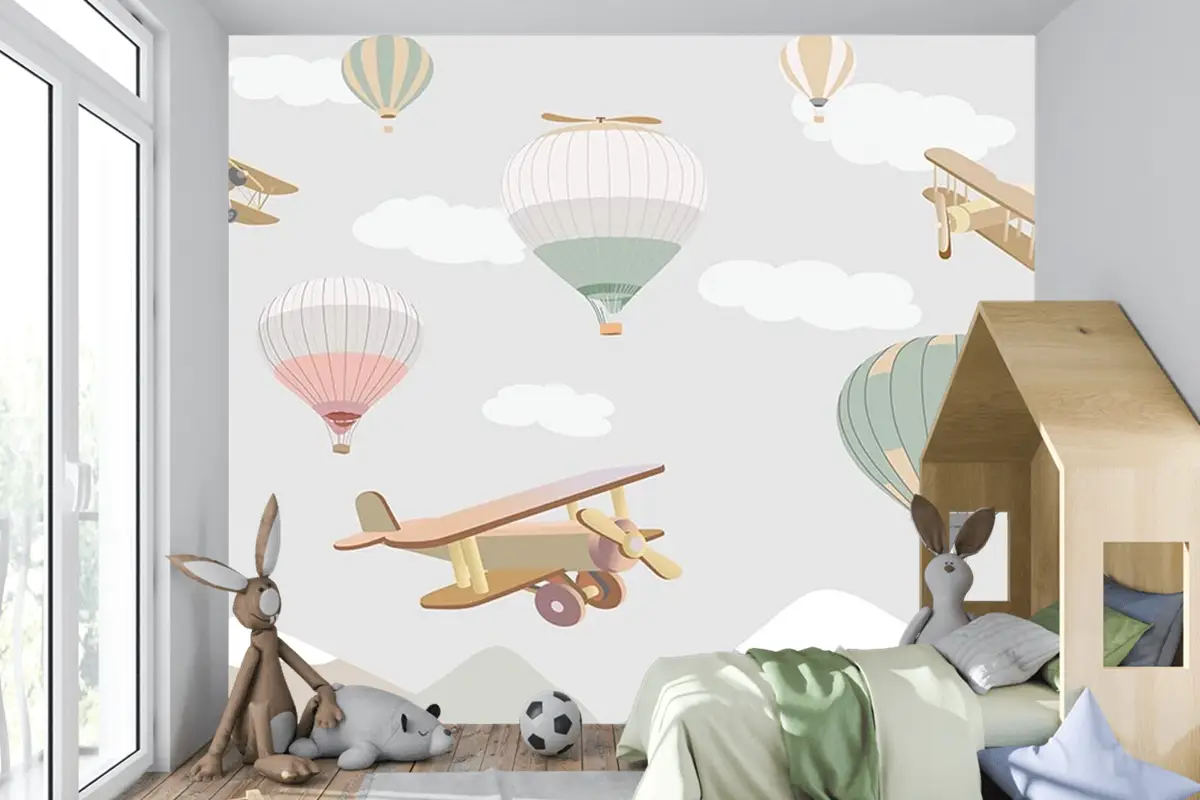 Çocuk Odası Duvar Kağıdı Bulutlar Üzerinde Uçaklar Ve Uçan Balonlar