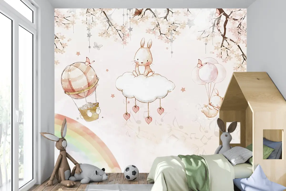 Çocuk Odası Duvar Kağıdı Gökyüzünde Sevimli Tavşanlar