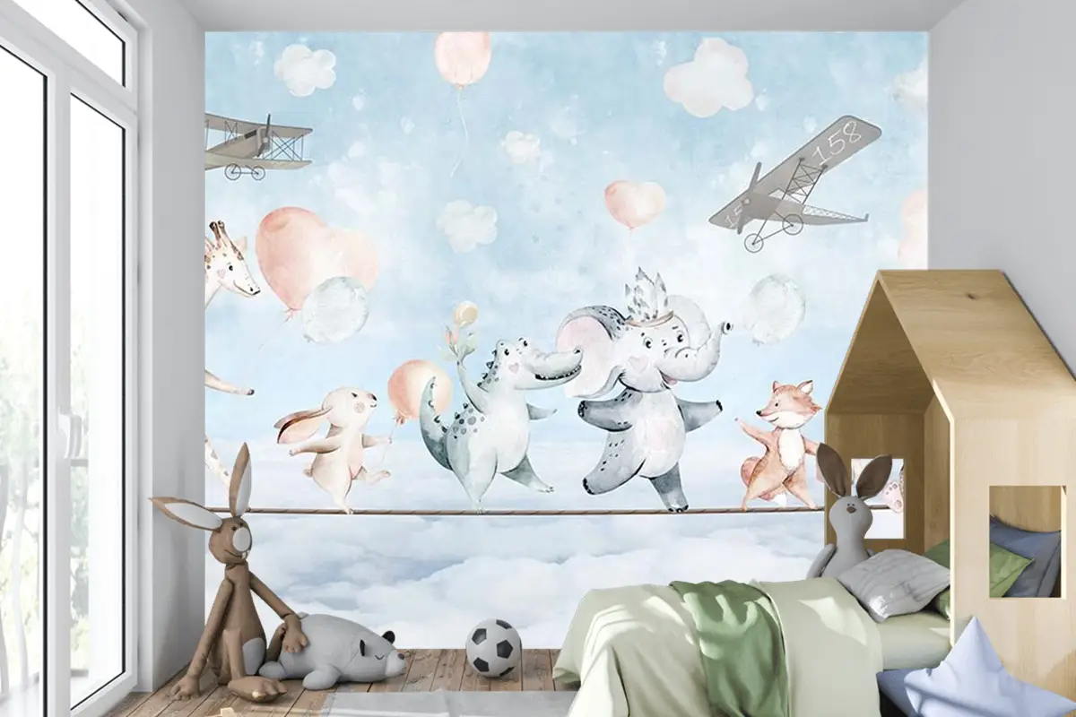 Çocuk Odası Duvar Kağıdı Ip Üzerinde Hayvanlar