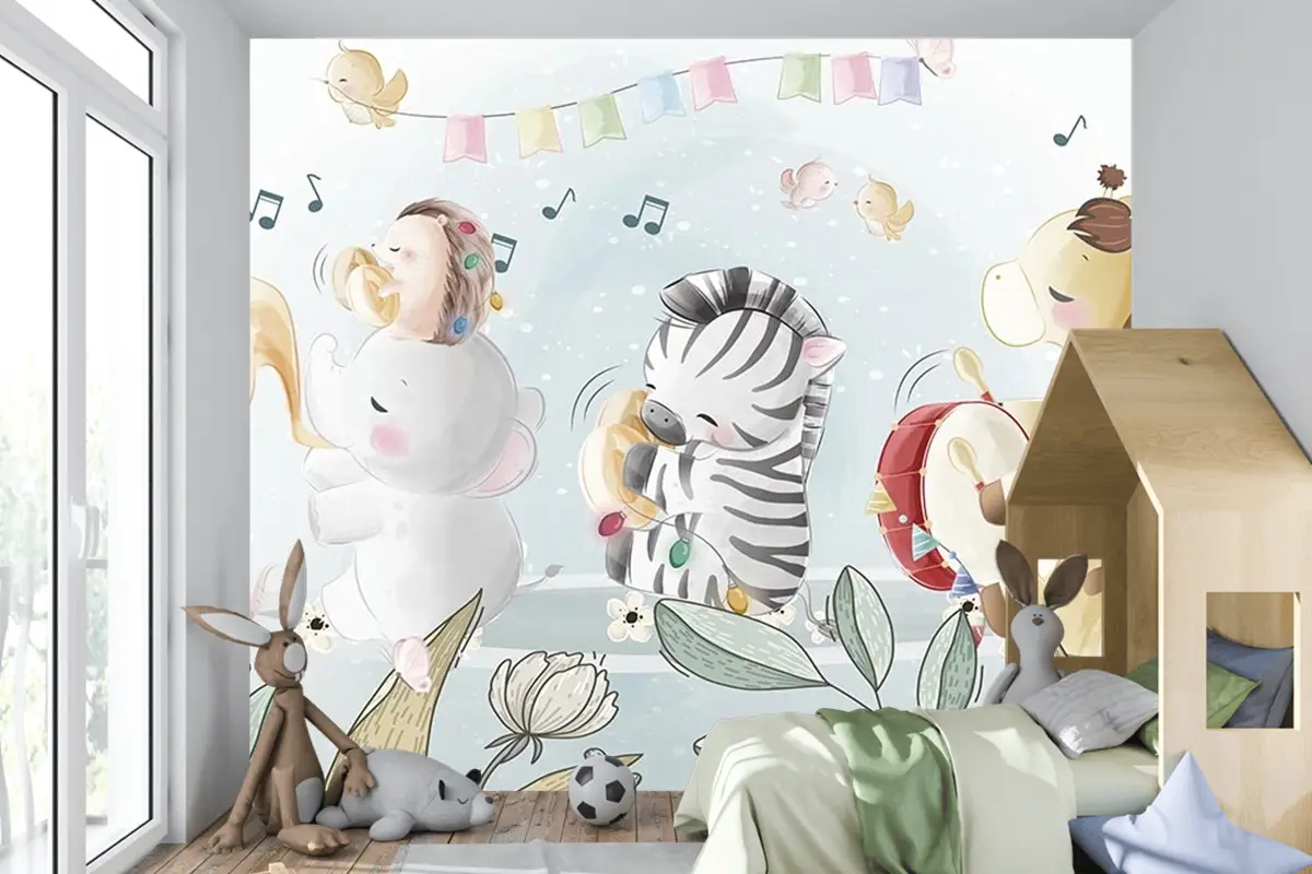 Çocuk Odası Duvar Kağıdı Müzik Çalan Sevimli Hayvanlar