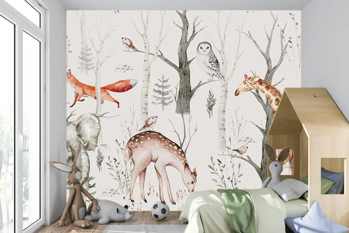 Çocuk Odası Duvar Kağıdı Ormanda Fil Zürafa