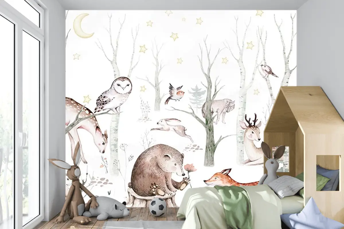 Çocuk Odası Duvar Kağıdı Ormandaki Sevimli Hayvanlar
