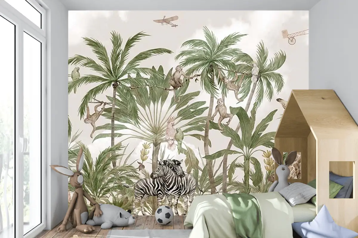 Çocuk Odası Duvar Kağıdı Safari Hayvanları Ve Tropikal Ağaçlar