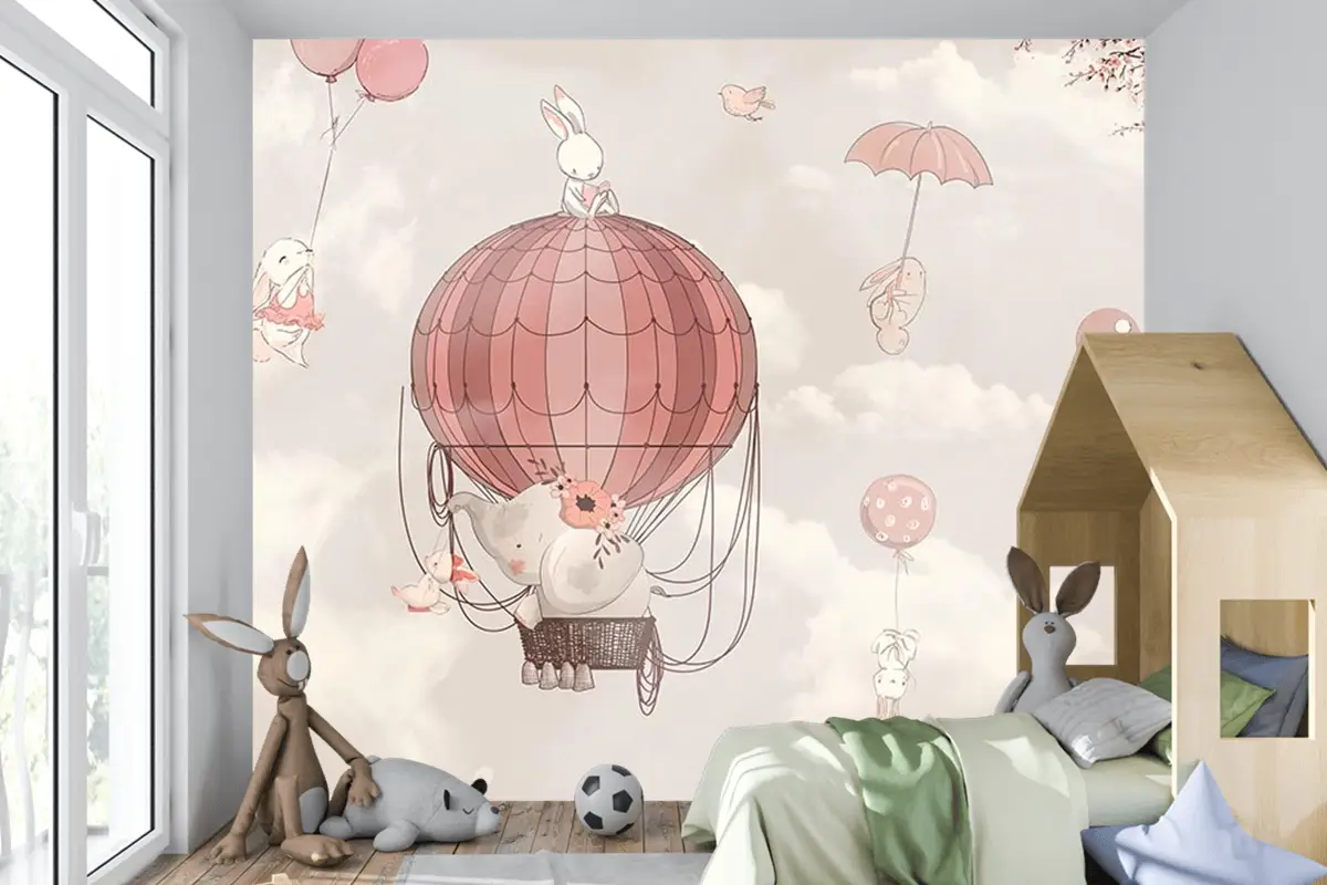 Çocuk Odası Duvar Kağıdı Uçan Balonlar Ve Sevimli Tavşanlar