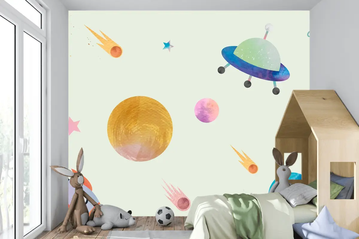 Sevimli Suluboya Tarzında Renkli Galaksi Desenli Arka Plan Çocuk Odası Duvar Kağıdı