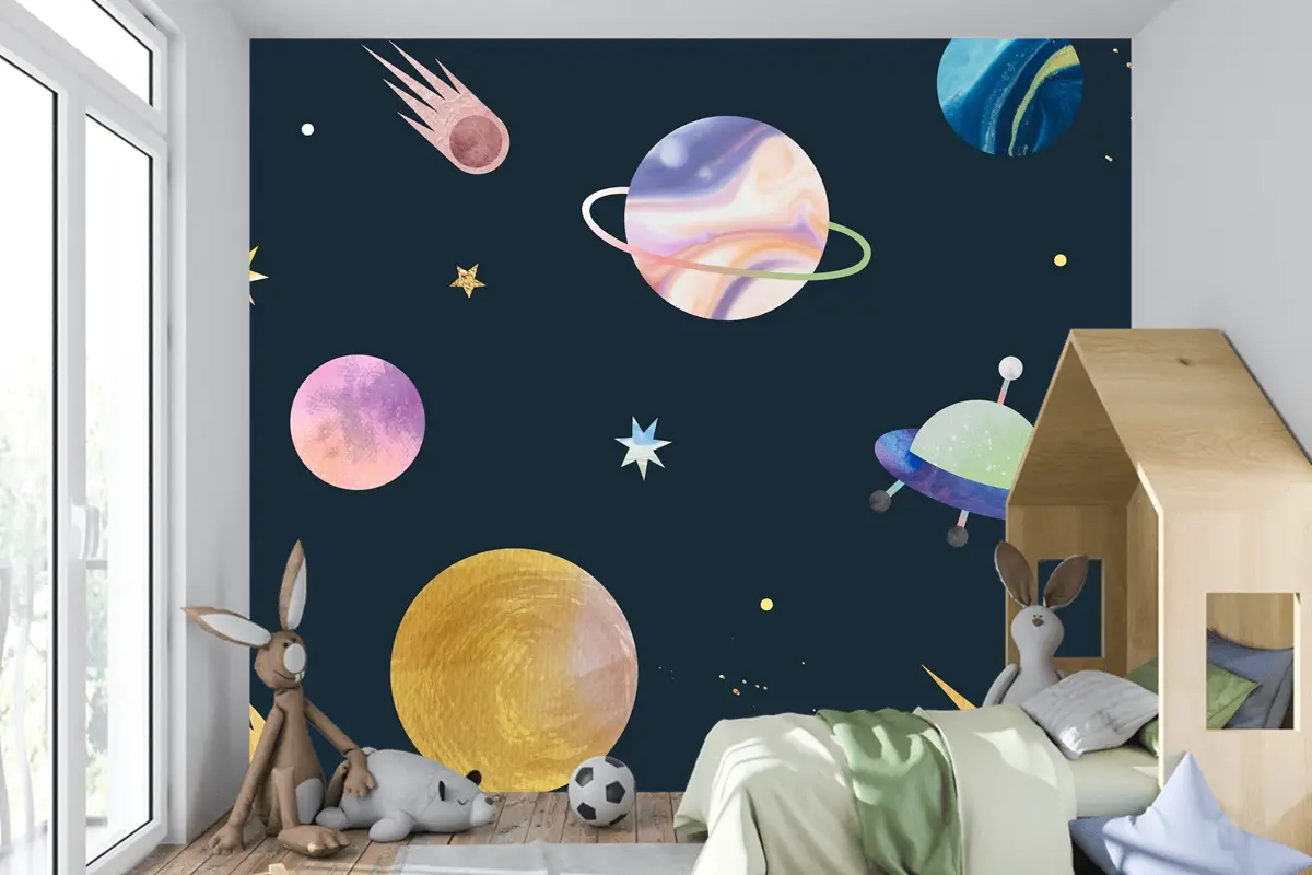 Siyah Çocuk Odası Duvar Kağıdı Duvar Üzerine Renkli Galaksi Suluboya Doodle