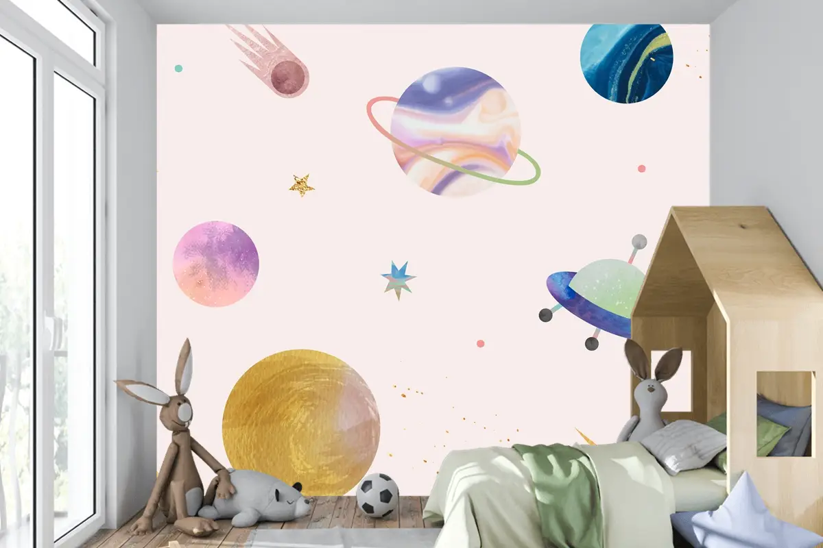 Pastel Arkaplanda Renkli Galaksi Suluboya Doodle Çocuk Odası Duvar Kağıdı