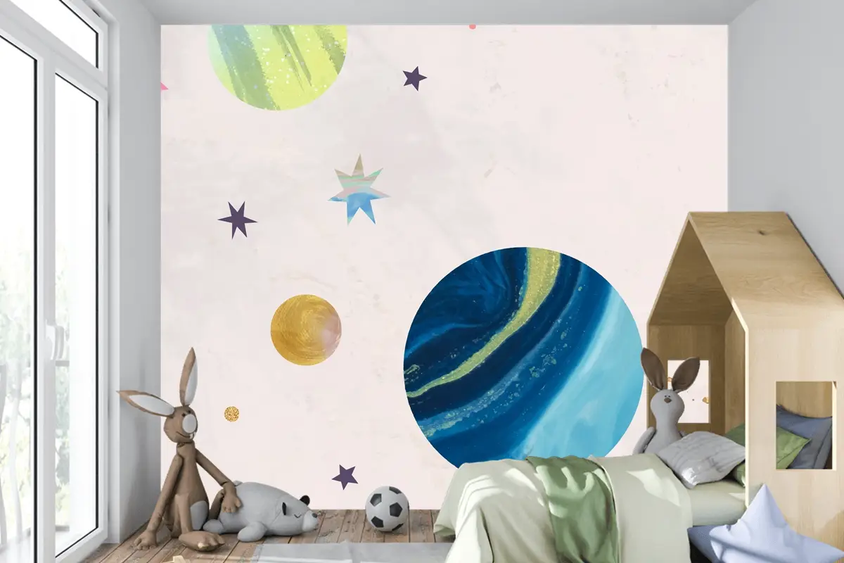 Pastel Çocuk Odası Duvar Kağıdı Duvar Üzerine Renkli Galaksi Suluboya Doodle