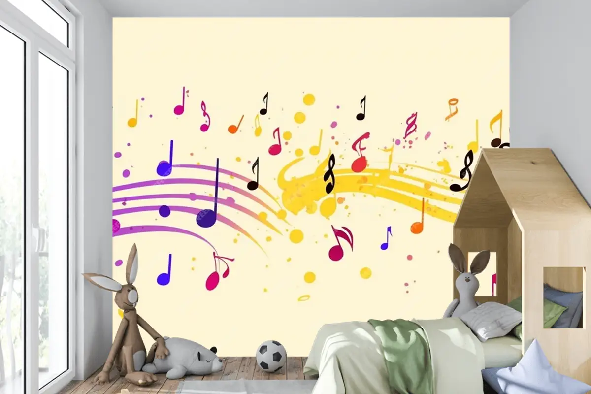Renkli Müzik Notaları Sarı Arka Plan Çocuk Odası Duvar Kağıdı