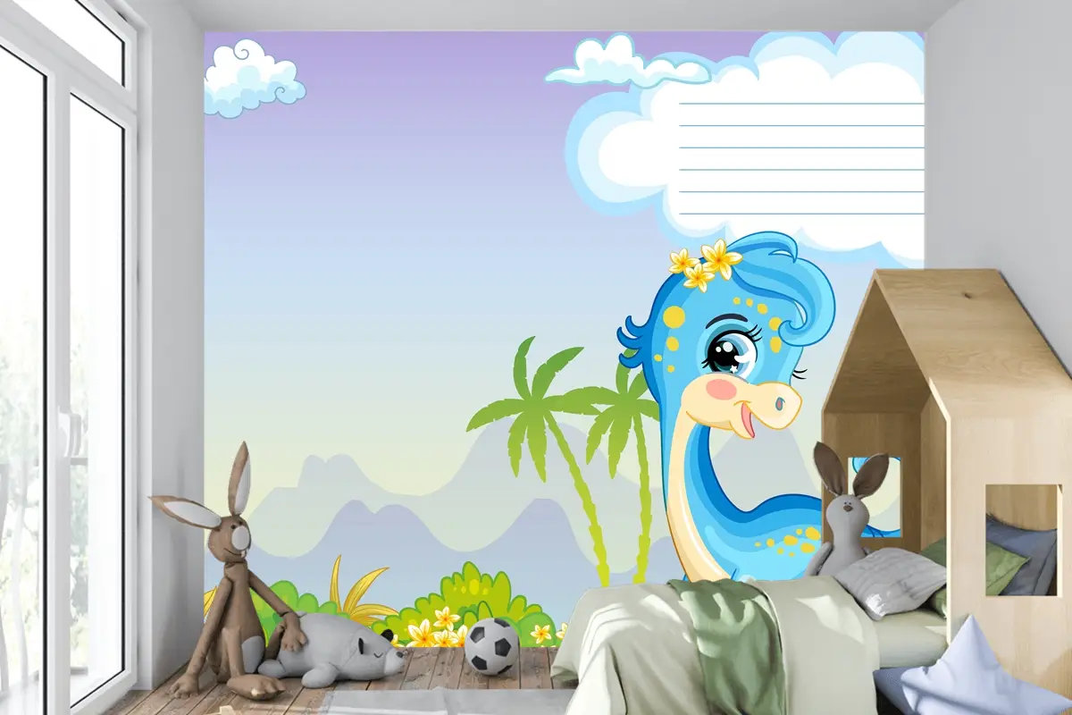 Sevimli Dinozor Mavi Diplodocus Çocuk Odası Duvar Kağıdı Ile Defter Kapağı