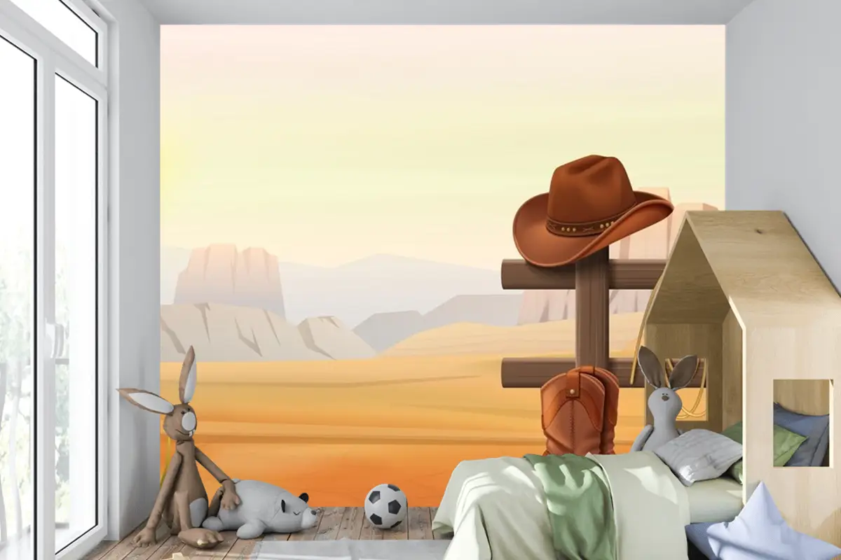 Çitin Üzerinde Kovboy Çizmeleri Ve Şapka Çocuk Odası Duvar Kağıdı