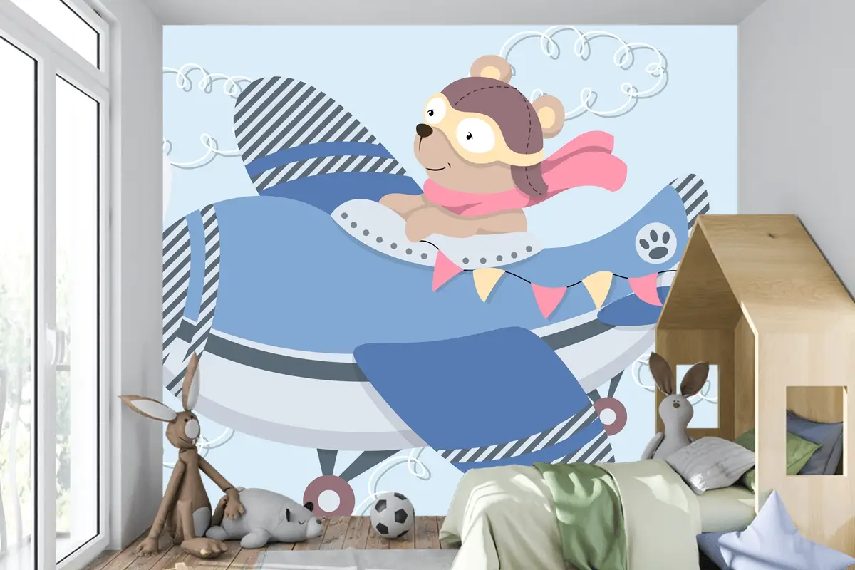 Aviator Gözlüklü Sevimli Karikatür Ayıcık Vintage Uçakta Uçan Deri Kask Ve Eşarp Çocuk Odası Duvar Kağıdı