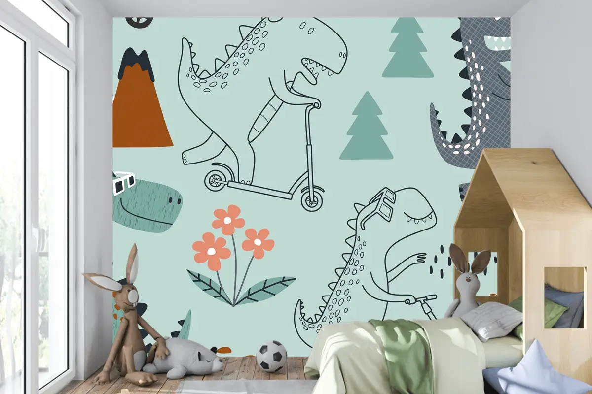 Sevimli Dinozor Scootera Biniyor Çocuk Odası Duvar Kağıdı